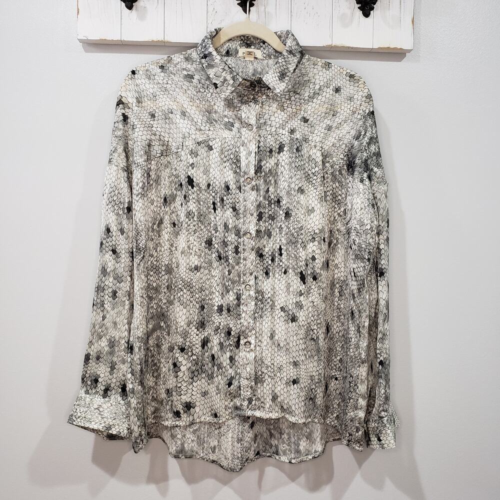 POL Snake Print Button Down Shirt Gold Metallic Oversized Blouse Women's S